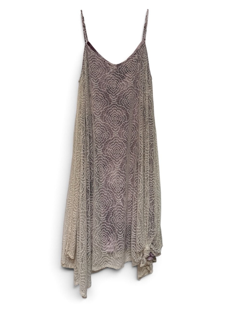 Mystree Taupe Lace Slip Dress with Scalloped Overlay